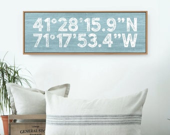 Tide Blue COORDINATES Sign > Distressed farmhouse print, Custom GPS location latitude + longitude sign, canvas wall art print {s}