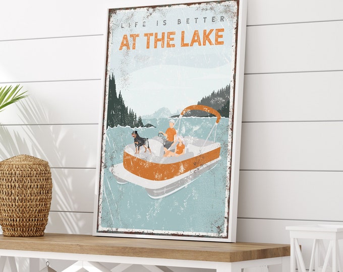 personalized pontoon boat sign, 'life is better at the lake' poster, couple with dog, rottweiler, orange lake house decor gift {vpl}