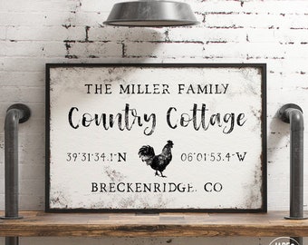 aged white COUNTRY COTTAGE sign > vintage rooster art print with latitude & longitude, chicken canvas print, farmhouse decor with GPS {vow}