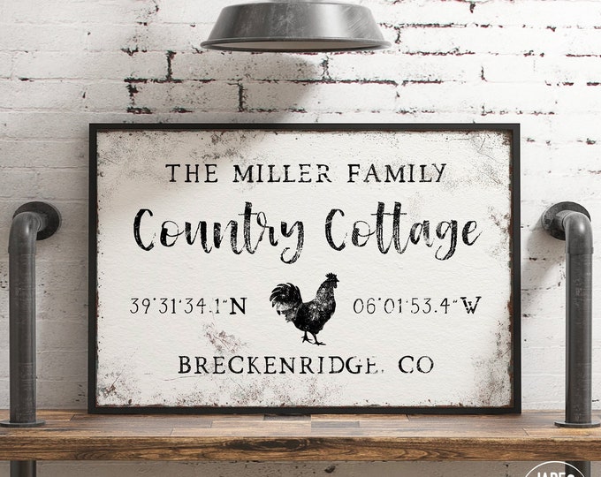 aged white COUNTRY COTTAGE sign > vintage rooster art print with latitude & longitude, chicken canvas print, farmhouse decor with GPS {vow}