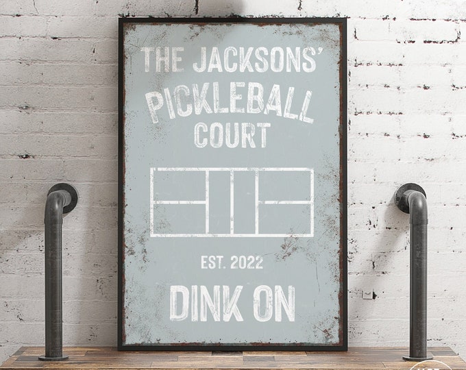 Gray Personalized PICKLEBALL GIFT  > personalized COURT Sign, Custom Name, Year Established and Colors, Smoke Gray and White - Dink On!