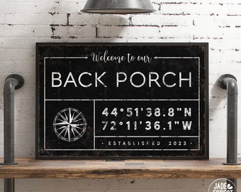 vintage BACK PORCH sign • custom coordinates with compass star • personalized last name canvas decor, modern black farmhouse wall art {gdb}