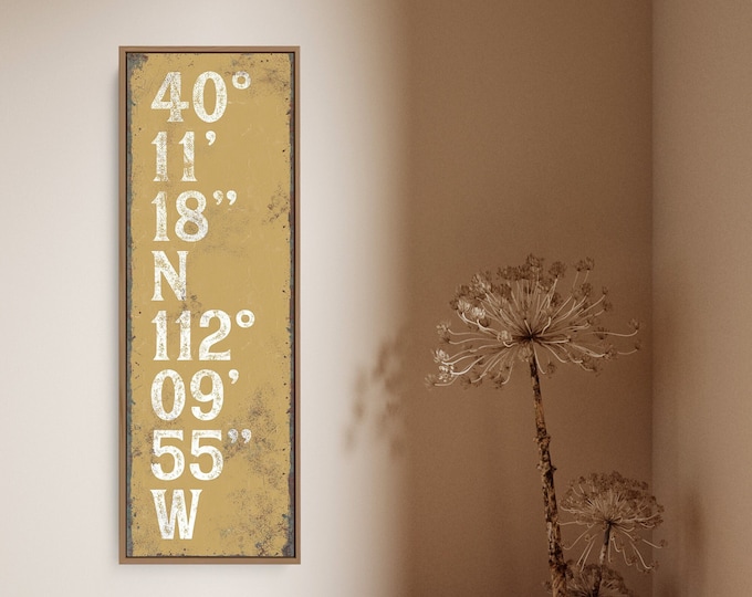 Retro Mustard Yellow Coordinates Sign, Saffron Canvas Art Print, Retro Typography Wall Art for Modern Farmhouse Decor {tgb}