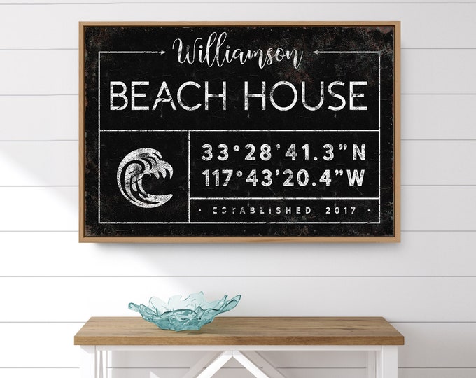 custom BEACH HOUSE decor > personalized family name on beachhouse sign, black farmhouse decor, ocean wave art print {gdb}