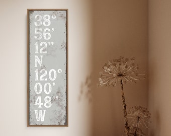 Light Gray Coordinates Wall Art, Vintage Tall Framed Canvas Art Print, Neutral Typography Sign for Modern Farmhouse Decor {tgb}