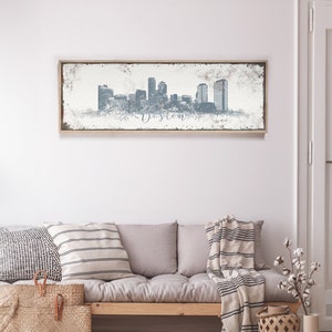 Póster BOSTON CITY SKYLINE, arte de pared azul y blanco del puerto, decoración de granja moderna personalizada, impresión artística extragrande, lienzo enmarcado largo y delgado