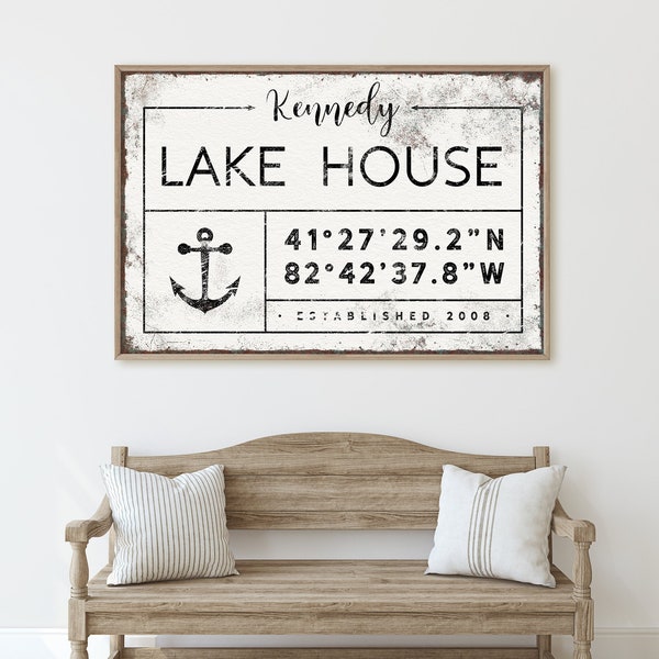 vintage LAKEHOUSE sign > custom lakehouse decor, nautical anchor wall art, canvas family name sign with lattitude and longitude {gdw}