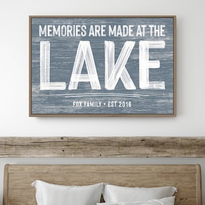 personalized LAKE HOUSE decor &gt; harbor blue &quot;memories are made at the LAKE&quot; sign with last name, vintage faux weathered wood canvas  {pwo}