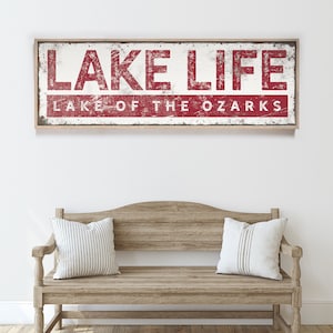 dark red LAKE LIFE sign • retro lakehouse decor canvas print • personalized gift for Dad • vintage lake house wall art