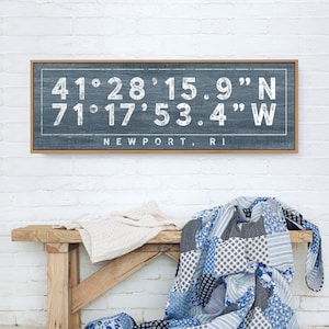 Harbor Blue COORDINATES Sign &gt; Distressed farmhouse print, Custom GPS location latitude + longitude sign, canvas wall art print {s}