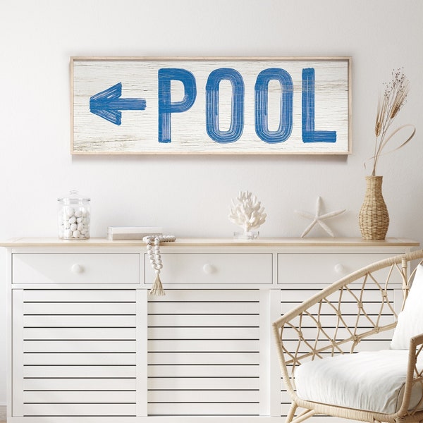 Vintage POOL sign for above door > ocean blue sign for pool with left arrow, housewarming gift for couple, faux distressed wood art {pww}