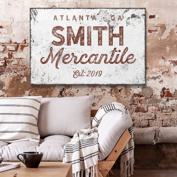 custom MERCANTILE sign for farmhouse decor > large vintage wall hanging, faux rusty metal wall art xl, red personalized gift for Dad {nvw}