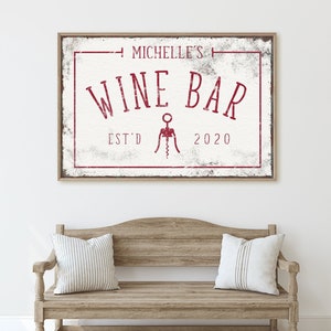 personalized WINE BAR canvas vintage wine sign for home bar decor, custom corkscrew art print on large framed canvas, winery gift idea 画像 1