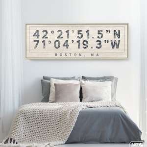 Antique COORDINATES Sign &gt; Distressed farmhouse print, Custom GPS location latitude + longitude sign, canvas wall art print {s}