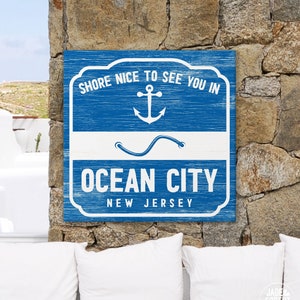 Vintage BEACH BADGE Sign, Can be Personalized, Ocean City New Jersey Shown in Ocean Blue, Gift for Jersey Shore Lover, Indoor Outdoor Signs