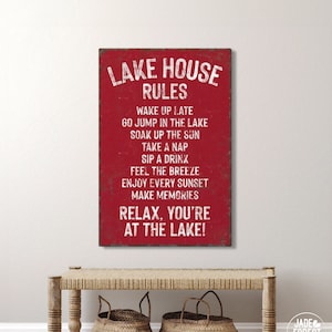 vintage &quot;lake house rules&quot; sign &gt; dark red sign art print, custom lakehouse decor, distressed lake house gift, vacation rental decor