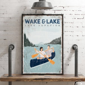 navy personalized CANOE couple, WAKE & LAKE sign, vintage lake Superior poster, art for lake house decor, canvas or aluminum prints {vpl}