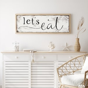 black Let&#39;s Eat sign for farmhouse kitchen or boho dining room&gt; vintage food sign on distressed white backround, bohemian home decor {s}