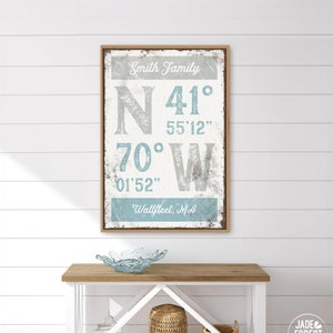 coastal tide blue and gray wall art > custom latitude longitude sign, GPS COORDINATES, last name wall art, beach house decor {grw}