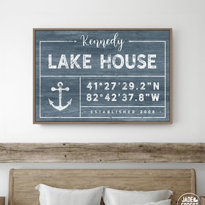 &quot;Personalisiertes Segelboot &quot;&quot;Haus am See&quot;&quot; &gt; personalisiertes Familiennamen-Schild mit Koordinaten für modernes Haus am See&quot;