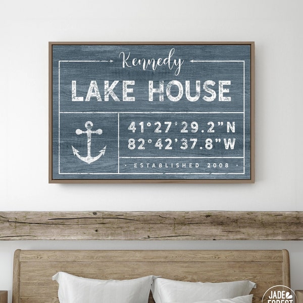 custom LAKE HOUSE sign > personalized last name sign with coordinates for modern lakehouse decor, harbor blue canvas with anchor {gdo}