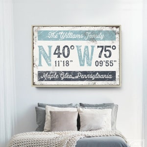 nautical COORDINATES sign &gt; distressed blue last name canvas, personalized longitude latitude GPS art print, custom farmhouse decor {grw}