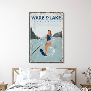vintage WAKE & LAKE sign > personalized water skiing poster for lake house decor, slalom water ski gift for her, navy vintage lake art {vpl}