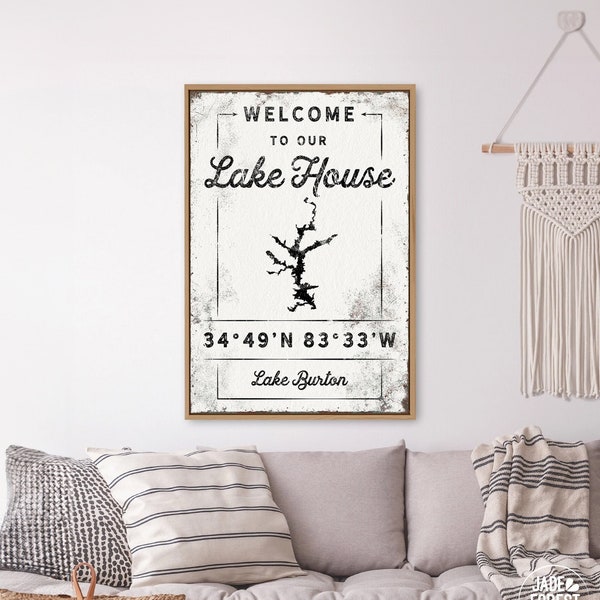 custom LAKE HOUSE sign > personalized boho canvas with coordinates, rustic farmhouse art print for lakehouse decor (Lake Burton shown) {lgw}