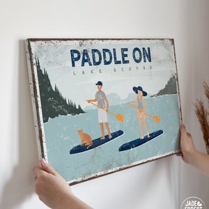 navy PADDLE ON lake sign, couple paddleboarding with cat, personalized lake house decor, vintage lake george wall art, paddleboard art {VPL}