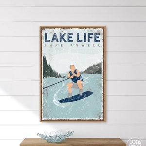 navy blue LAKE LIFE sign > wake boarding gift for him, personalized wakeboard poster for vintage lake house decor, Lake Powell art {vpl}