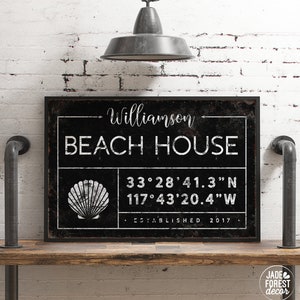 Black BEACHHOUSE, Personalized Family, Scallop Shell Art, Custom Shore House Canvas, Vintage Coastal Decor, Farmhouse Wall Hanging {gdb}