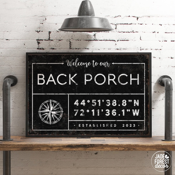 vintage BACK PORCH sign • custom coordinates with compass star • personalized last name canvas decor, modern black farmhouse wall art {gdb}