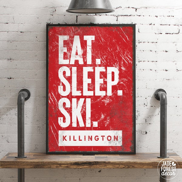 Red "EAT SLEEP SKI" sign with personalized mountain name. Killington ski house sign, Vermont mountain home. Housewarming gift {b}