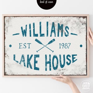 vintage LAKE HOUSE decor > custom boating sign with last name, distressed blue and white year established wall art with paddle oars