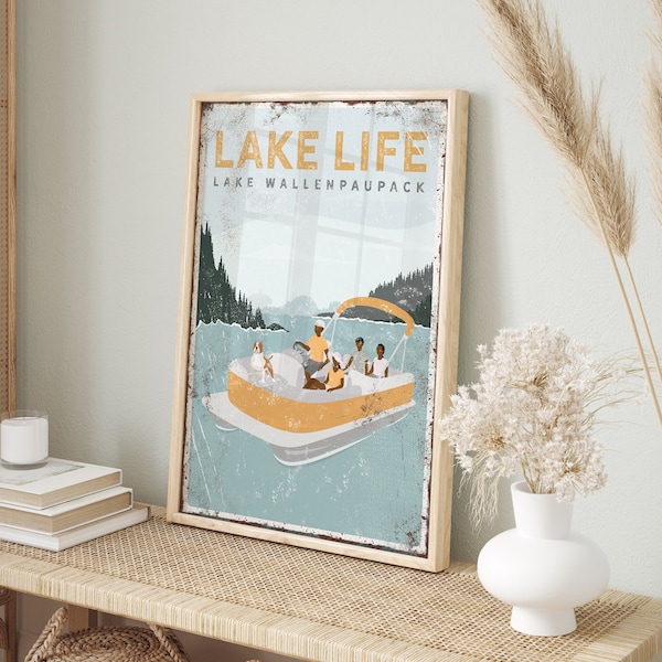 personalized FAMILY pontoon boat sign • LAKE LIFE, Lake Wallenpaupack print, family of 4, with 1 dog • yellow lake house decor gift {vpl}