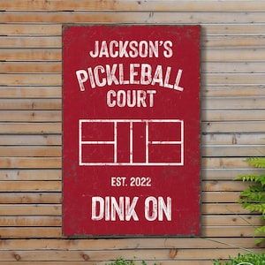 Red Personalized PICKLEBALL GIFT, personalized COURT Sign, Custom Name, Year Established and Colors, Aluminum Sign, Red and White - Dink On!