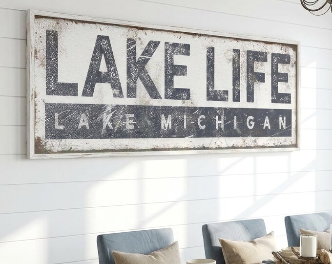 Distressed Lake Art, Lake Michigan Life Sign Charcoal Lake House Wall Decor
