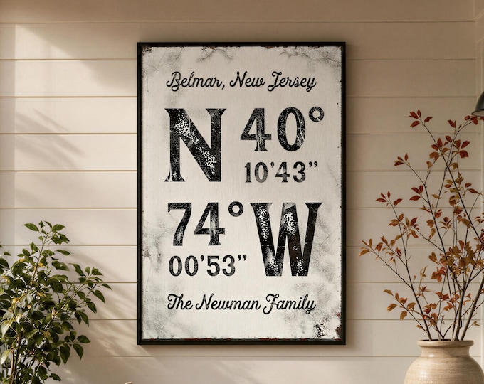 Coordinates Wall Art Personalized With Your Family Name, Cream and Black Print