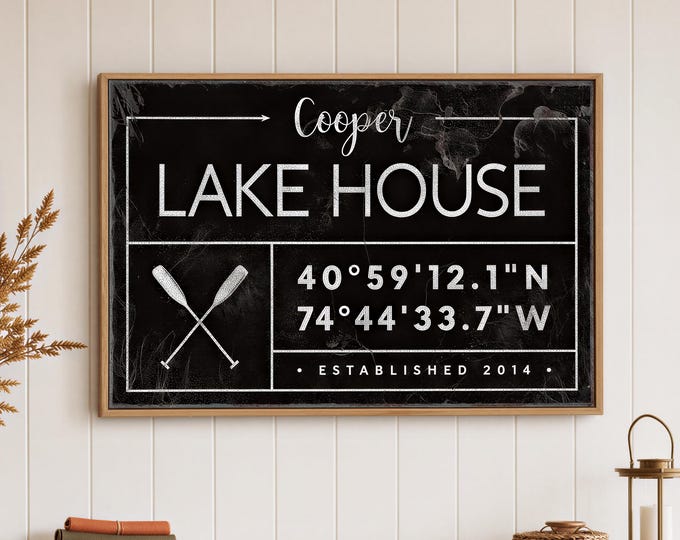 GPS Coordinates Sign: personalized lake house sign, rustic last name canvas for
