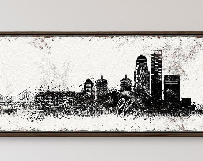 LOUISVILLE SKYLINE sign > vintage black and white art print for minimalist decor, extra large canvas sign, custom framed wall art