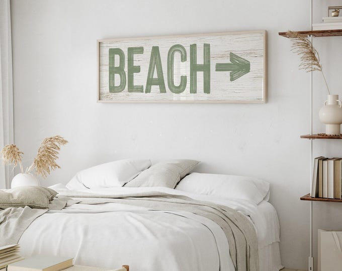 Green Coastal Beach Sign, Whitewashed Arrow Wall Art In Sage, Coastal Gift For Her