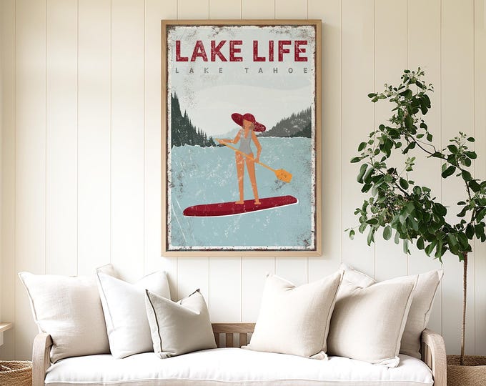 Lake Life Wall Decor, Lake Tahoe Paddleboard Woman In Red, Custom Lake Lover Gift