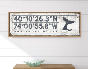 Personalized Coordinates Sign: Whale Tail Beach House Wall Art