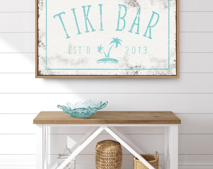 Tiki Bar Canvas, Turquoise Palm Tree Vintage Art (Personalized Beach Decor)