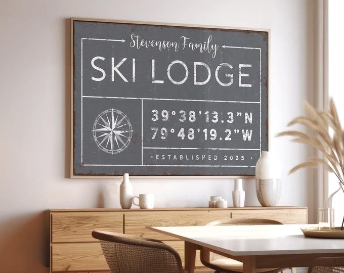 Personalized Ski Lodge Sign: Slate Gray, Compass, Custom Coordinates