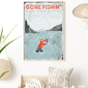 Madison River Fishing Sign - Personalized Rustic Canvas Print
