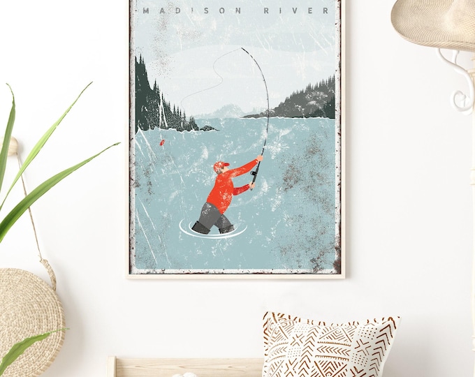 gone fishing sign > Madison River poster, personalized fly fishing canvas print for lake house decor, nautical decor gift for husband {vpl}