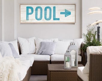 Poolside Art: Vintage Pool Wall Sign - Duck Blue with Right Arrow