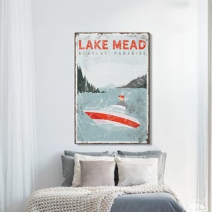 Lake House Wall Art, Vintage Boat Canvas (Custom Text, Motorboat)