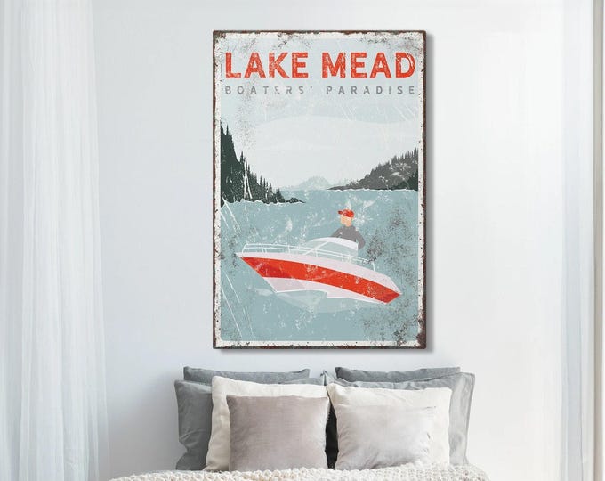 Lake House Wall Art, Vintage Boat Canvas (Custom Text, Motorboat)